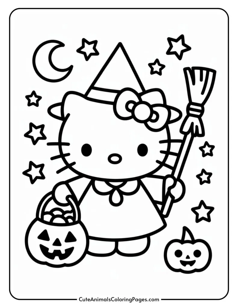 A cartoon cat wearing a witch hat and dress, holding a broom and a pumpkin basket, surrounded by stars and a crescent moon in a Halloween-themed coloring page.