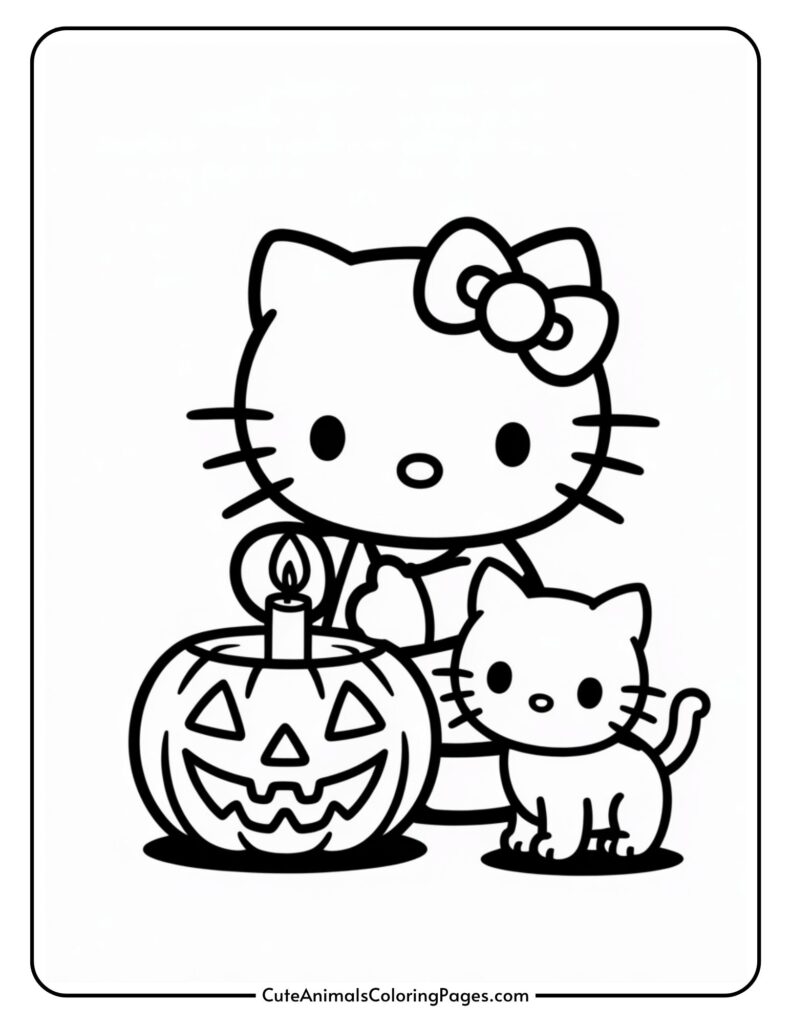A line drawing of an animated cat character with a bow, standing next to a carved pumpkin with a lit candle inside, accompanied by a smaller cat. The scene resembles a Halloween theme.