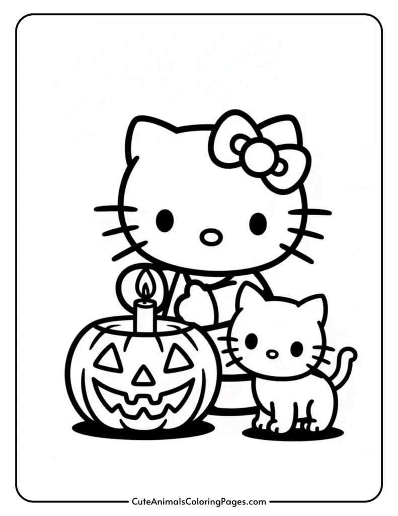 A line drawing of an animated cat character with a bow, standing next to a carved pumpkin with a lit candle inside, accompanied by a smaller cat. The scene resembles a Halloween theme.