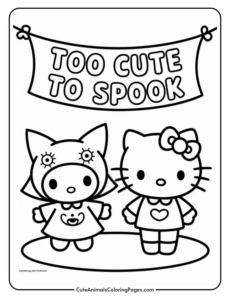 A coloring page featuring two cute cartoon characters dressed in Halloween costumes, standing under a banner that reads
