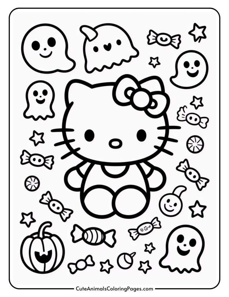 A coloring page featuring a cartoon cat with a bow surrounded by Halloween-themed elements like ghosts, candies, stars, and a jack-o'-lantern.