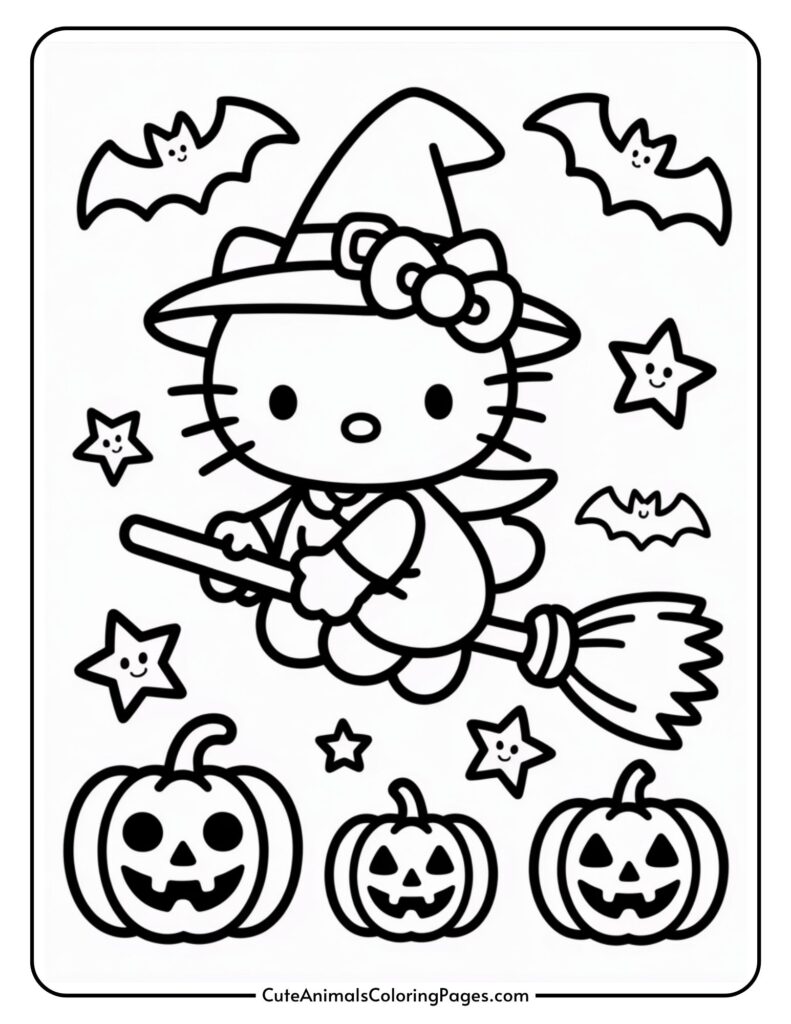 A cartoon character, resembling a cat, dressed as a witch with a hat and bow, is flying on a broomstick. Surrounding the character are smiling stars, three jack-o'-lanterns, and two cartoon bats, all creating a Halloween-themed scene.
