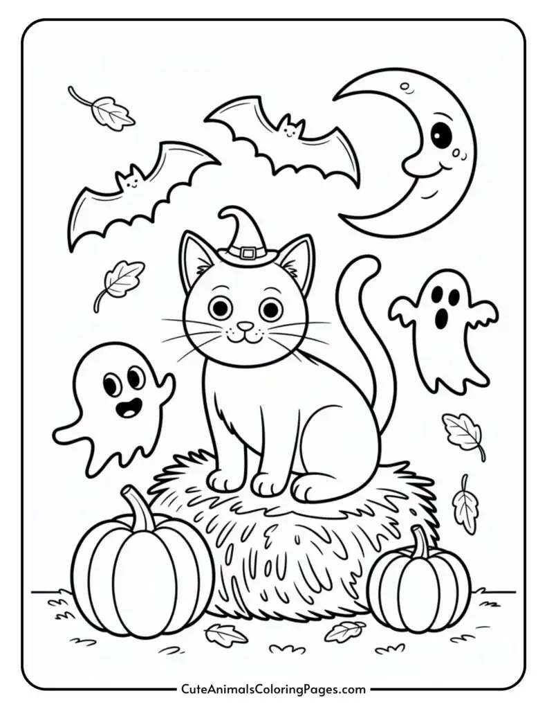 Halloween colored page that is a cat that is sitting on a smell that is sitting on a smile that sits on a beek, and two spirits, flying bats.