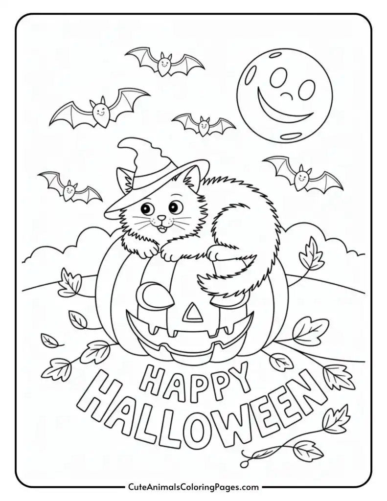 Halloween colored page that is a cat with a cat that sits on Pompkin who is sitting on a cavalry pumpkin, with the face of Jack-O'-Lantern. First among a lucky moon, flying ships, and spread autumn files, with words "Happy Halloween" below.