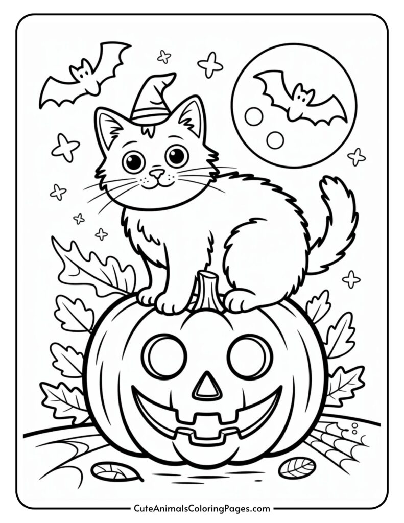 A black and white cartoon of a cute cat sitting in Jack -'- Lantern in a well-being. Two bats in the night sky near the moon filled, and the leaf and stars.