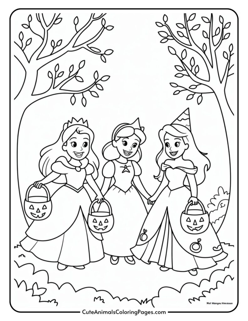 Three carton princess to wear Halloween dresses with spar's leaves under the trees.