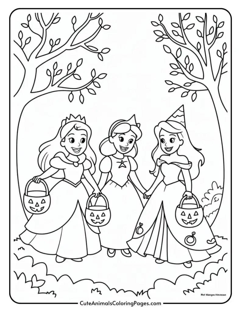 Three carton princess to wear Halloween dresses with spar's leaves under the trees.