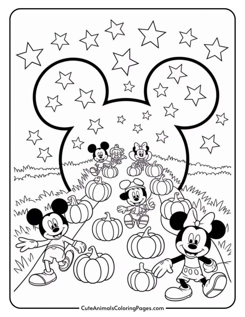 Cartoon characters in a patchkin patch with a large microwave and stars in the background.