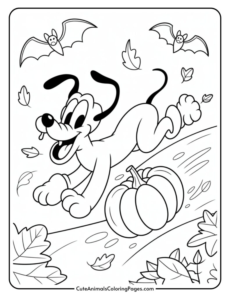 The cartoon dog smiled with a scene of falls by entering files, pumpkin, and two bats above.