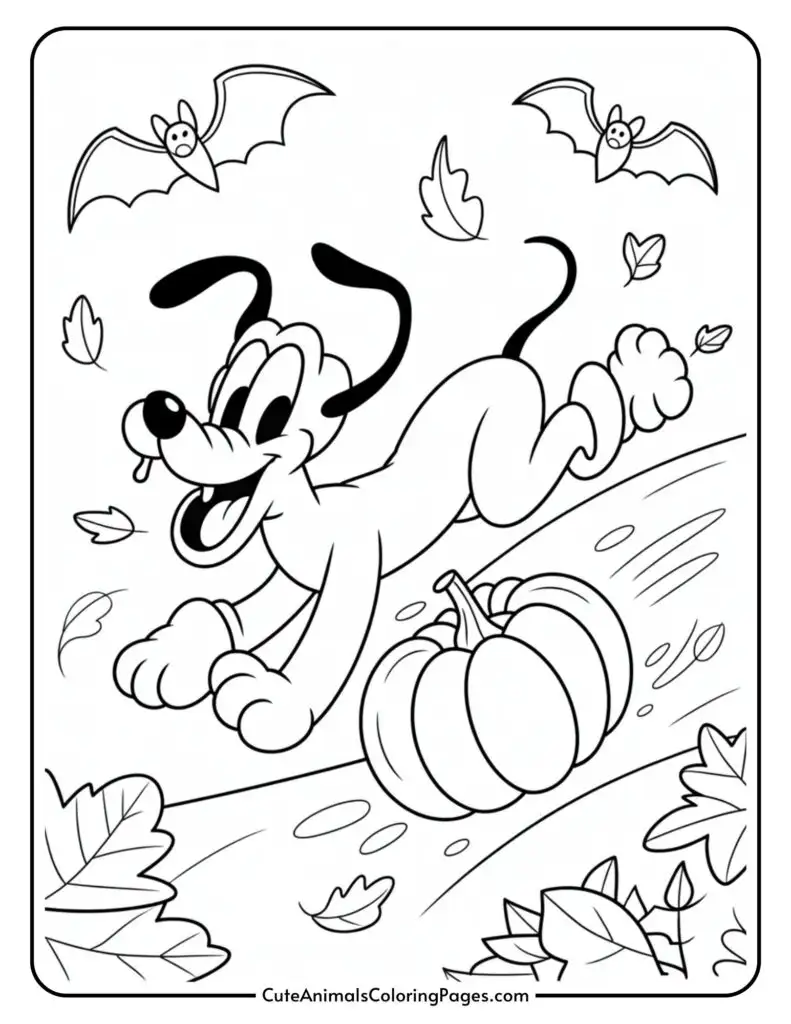 Cartoon dog bounding joyfully through an autumn scene with falling leaves, a pumpkin, and two bats flying above.