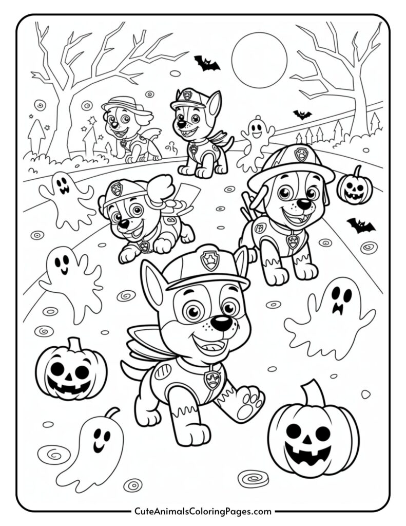 Halloween colored Page that cartoon dogs who wear superhero, with pumpkins, soul, bats, and fully fully in the background.