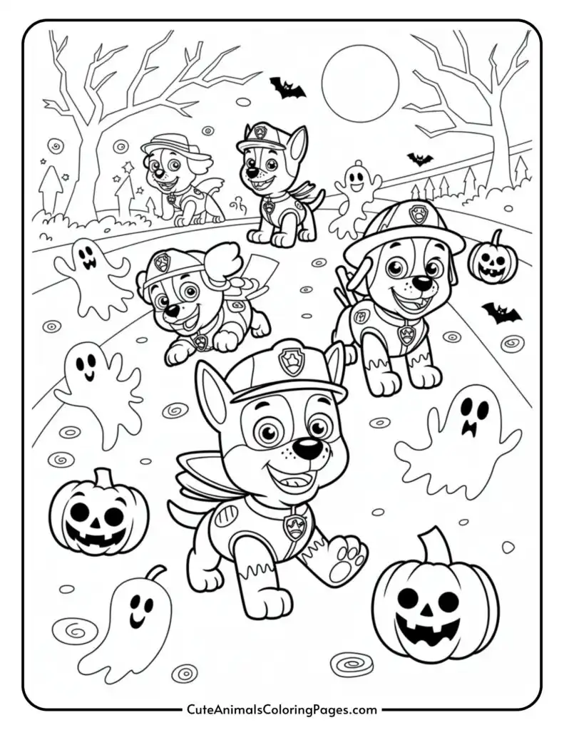 Halloween colored Page that cartoon dogs who wear superhero, with pumpkins, soul, bats, and fully fully in the background.