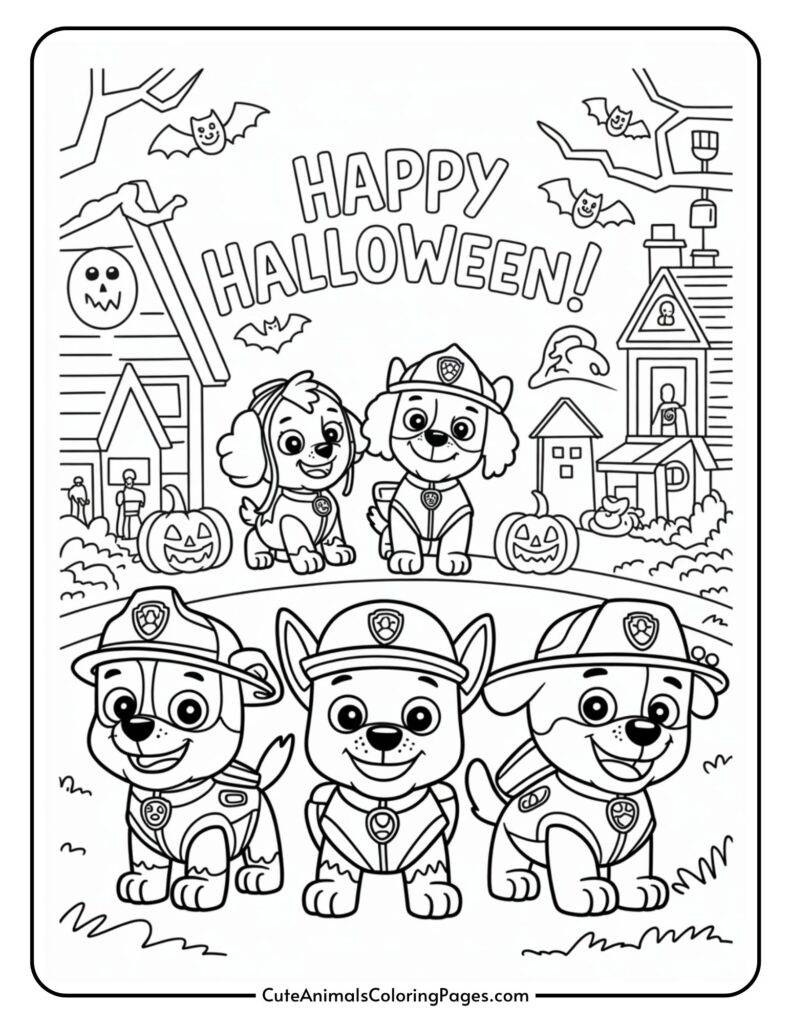 Halloween-Themed Colored Page Kills in the United States in front of the household houses and pumpkins "Happy Halloween!" written above. Scenes, and naked trees, bats, Jack-O'-Lanterns.
