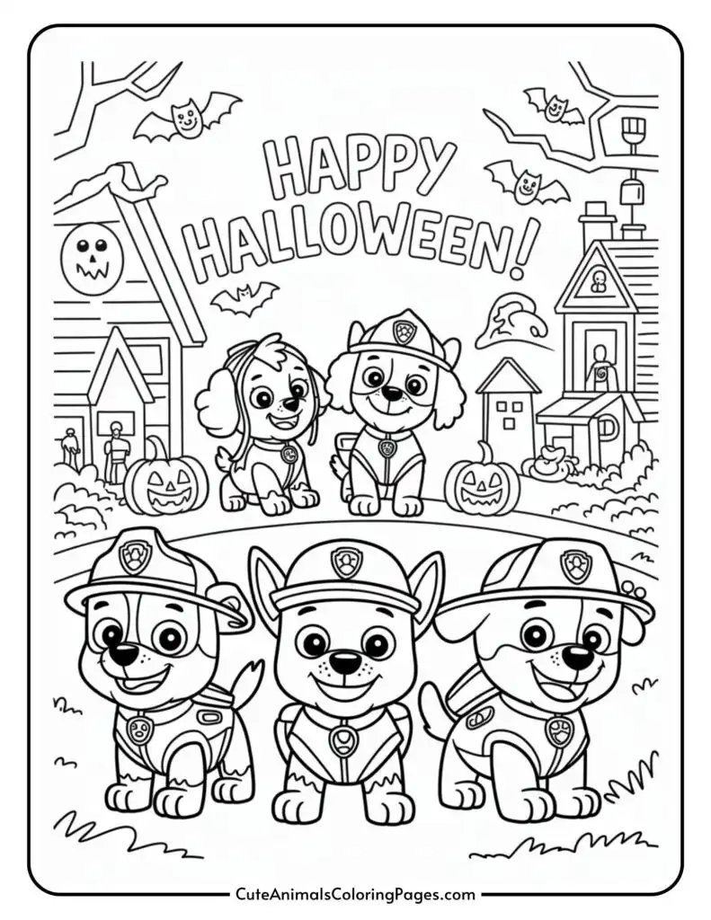 Halloween-Themed Colored Page Kills in the United States in front of the household houses and pumpkins "Happy Halloween!" written above. Scenes, and naked trees, bats, Jack-O'-Lanterns.