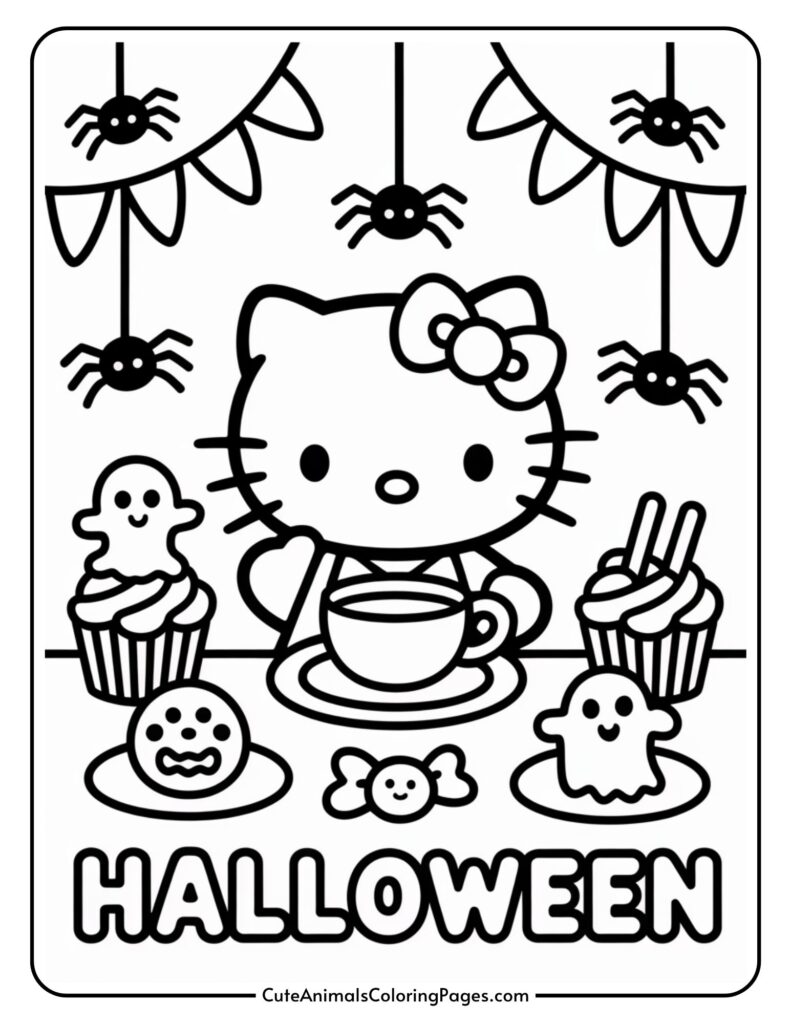 A Halloween-themed coloring page featuring an animated cat character seated at a table with a cup of tea, surrounded by Halloween treats like cupcakes and cookies. Above, spiders and decorative banners hang, with the word 'HALLOWEEN' at the bottom.