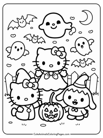 A Halloween-themed coloring page featuring cartoon characters in costumes, a jack-o'-lantern, ghosts, and bats against a night sky with a crescent moon.