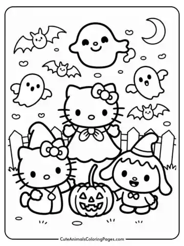 A Halloween-themed coloring page featuring cartoon characters in costumes, a jack-o'-lantern, ghosts, and bats against a night sky with a crescent moon.
