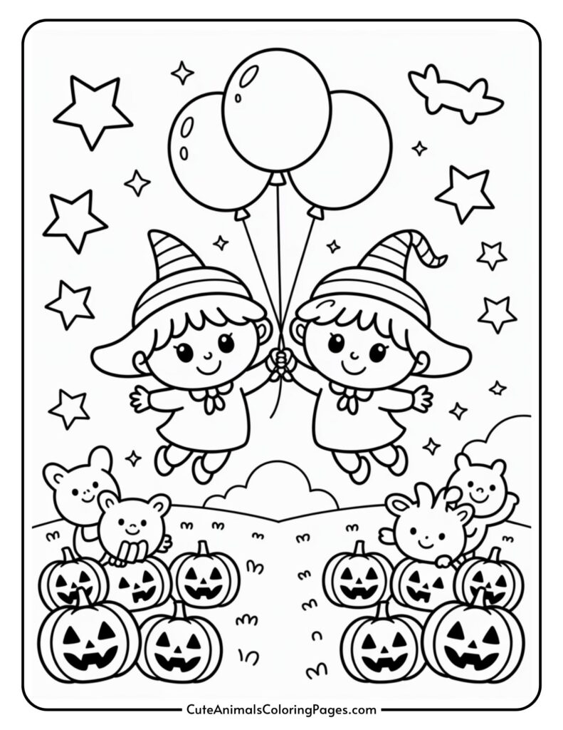 A coloring page featuring two cartoon witches with striped hats, holding balloons and flying. Below them are pumpkin lanterns and small animals, all under a starry sky.