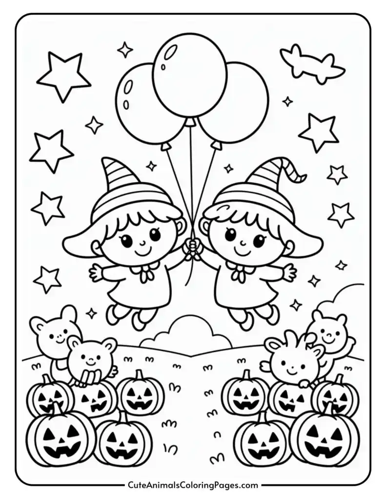 A coloring page featuring two cartoon witches with striped hats, holding balloons and flying. Below them are pumpkin lanterns and small animals, all under a starry sky.