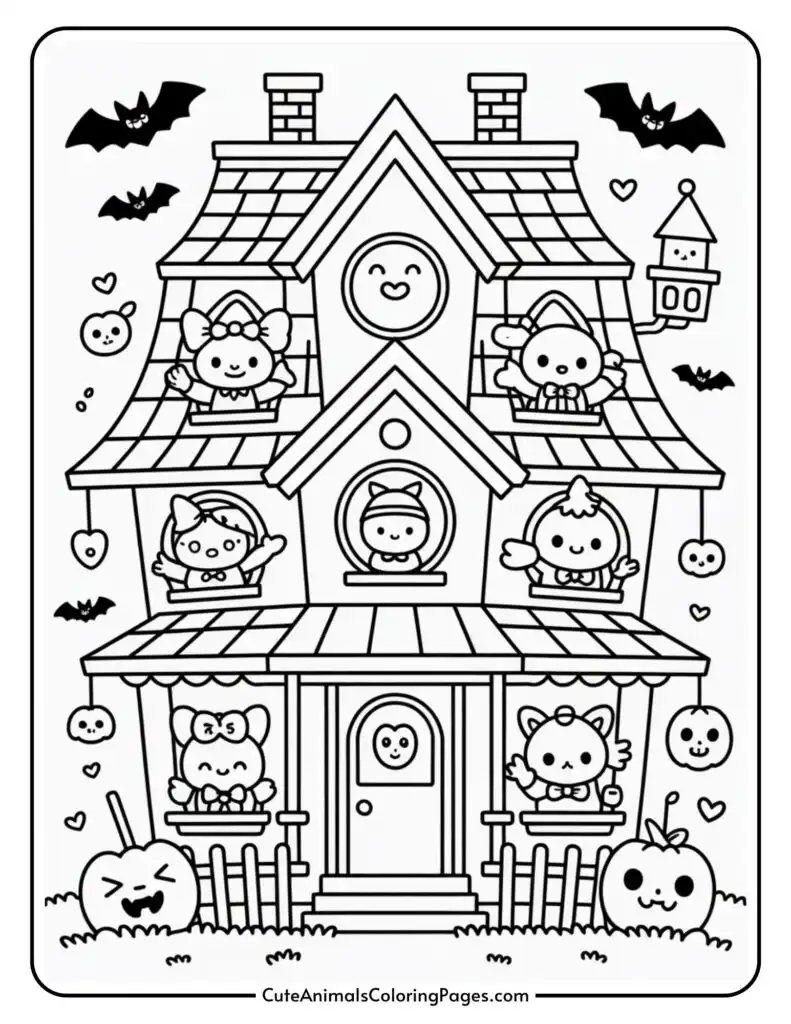 A cute Halloween-themed coloring page featuring a cartoon haunted house with six adorable animal characters dressed in Halloween costumes peeking out of the windows. The roof has smiling face decorations, and the scene includes bats, jack-o'-lanterns, and heart shapes to enhance the festive atmosphere.