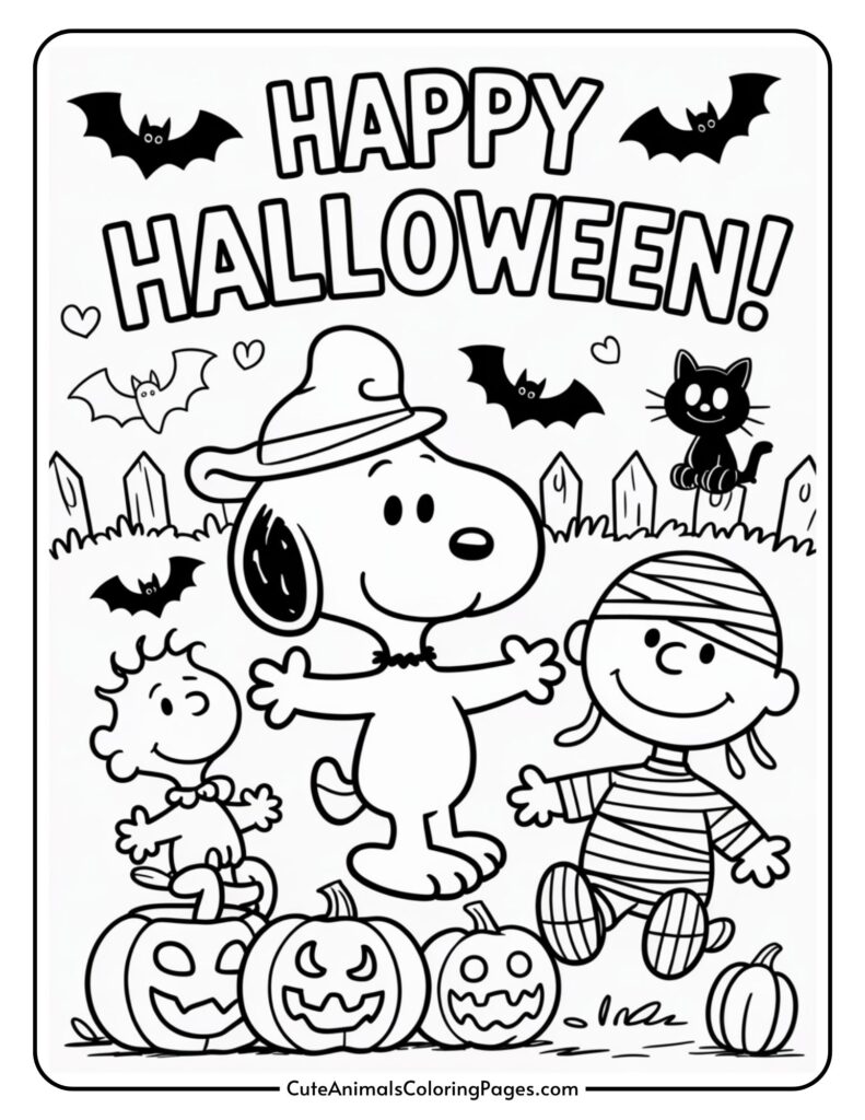 The black and white page of Halloween worksheets of workers with pumpkins, bats, and a black cat beneath a
