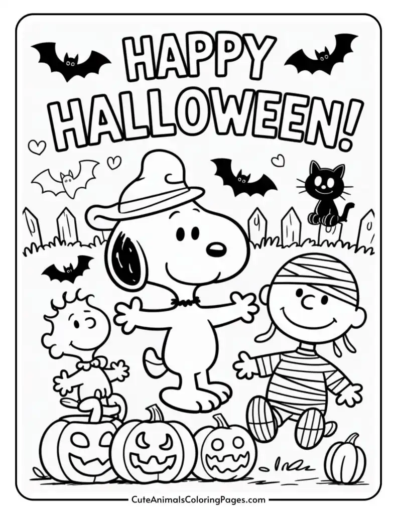 The black and white page of Halloween worksheets of workers with pumpkins, bats, and a black cat beneath a