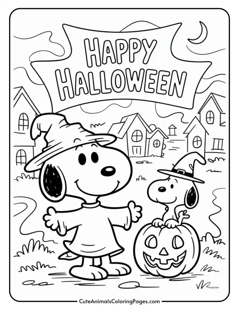 Halloween colored page that contains two carton dogs containing witch pills, one along the Jack-O'-Lantern, under Banner who "Happy Halloween." Houses and trees are under the moon under the moon at night.
