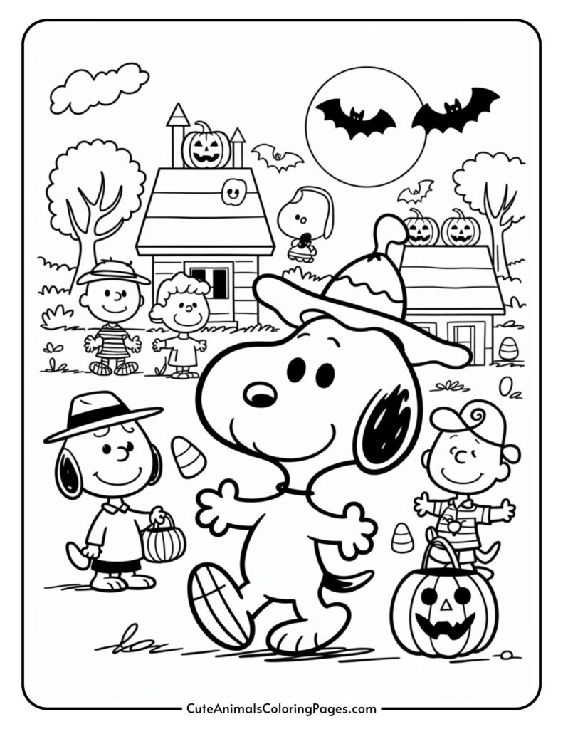 Cartoon characters in Halloween clothing, with a dog that is a winger in front of the witches that is income with the wing of Candy and clogges; A house with pumpkin and bats decks occurs near the moon full of the moon.