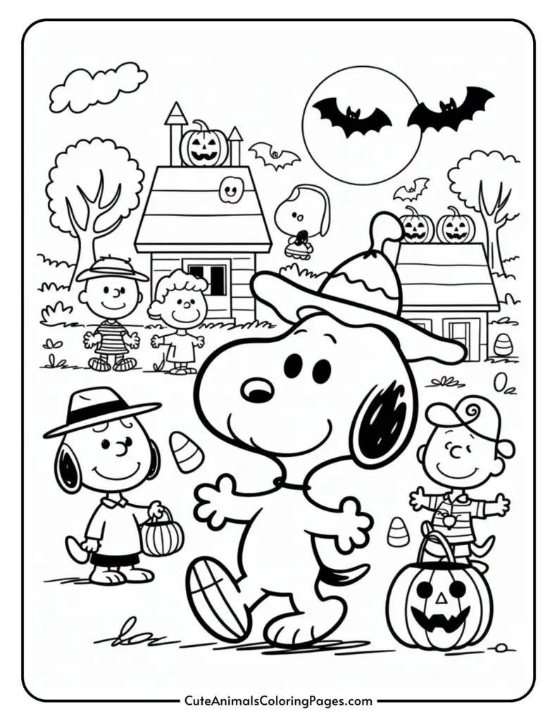 Cartoon characters in Halloween clothing, with a dog that is a winger in front of the witches that is income with the wing of Candy and clogges; A house with pumpkin and bats decks occurs near the moon full of the moon.