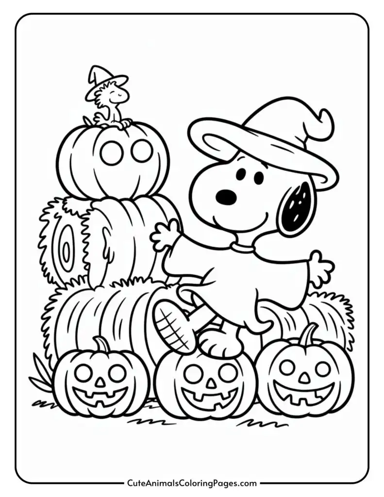 A cartoon dog and a small bird, both wearing witch hats, stand among a group of carved pumpkins and hay bales, celebrating Halloween.