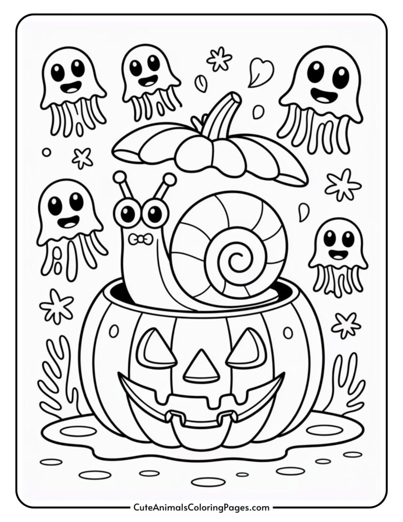 A cartoon coloring page featuring a snail with a spiral shell sitting on top of a pumpkin carved with a smiling face. Surrounding the snail are several cute jellyfish with smiling expressions, floating around in the scene. The pumpkin is placed in an aquatic setting with seaweed, bubbles, and star shapes.