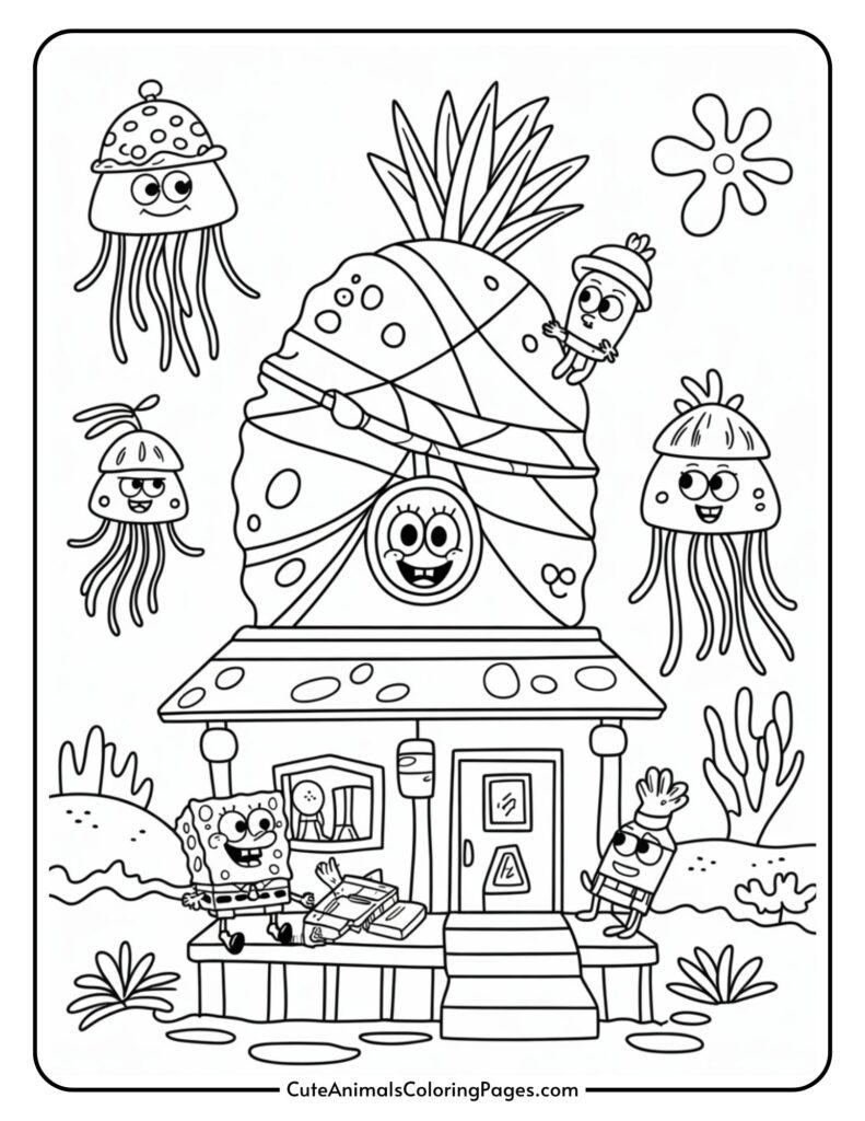 An illustration of a cartoon sponge character sitting on the porch of a house shaped like a pineapple, with a smiling jellyfish character floating beside it. The scene includes other cartoon characters and elements like plants and a mailbox, creating a whimsical underwater setting.