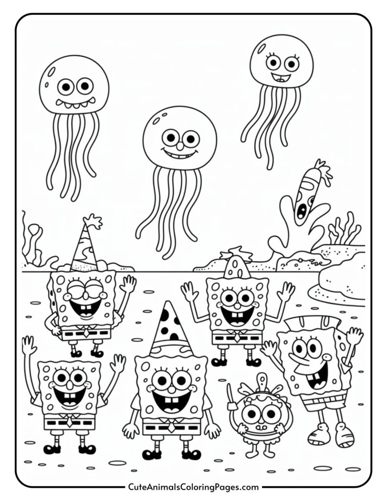 A coloring page featuring cartoon sea creatures with jubilant expressions. The characters, resembling rectangular sea sponges, are depicted wearing party hats and raising their hands in celebration. Three smiling jellyfish float above them in a simplistic underwater setting with sea plants and a rock in the background.