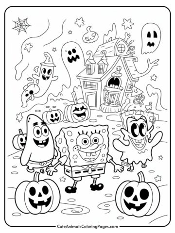 Cartoon characters dressed in Halloween costumes in front of a spooky house with ghosts, pumpkins, and a spider web.