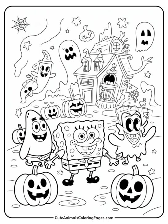 Cartoon characters dressed in Halloween costumes in front of a spooky house with ghosts, pumpkins, and a spider web.