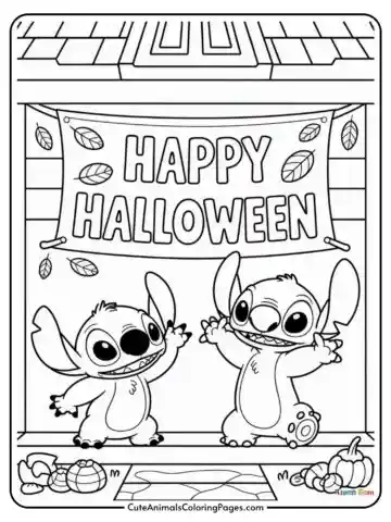 Two cartoon characters joyfully stand under a 