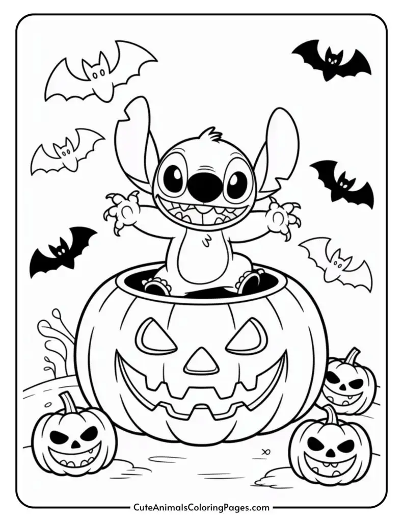 A cartoon character pops out of a carved pumpkin surrounded by smaller jack-o'-lanterns and flying bats.