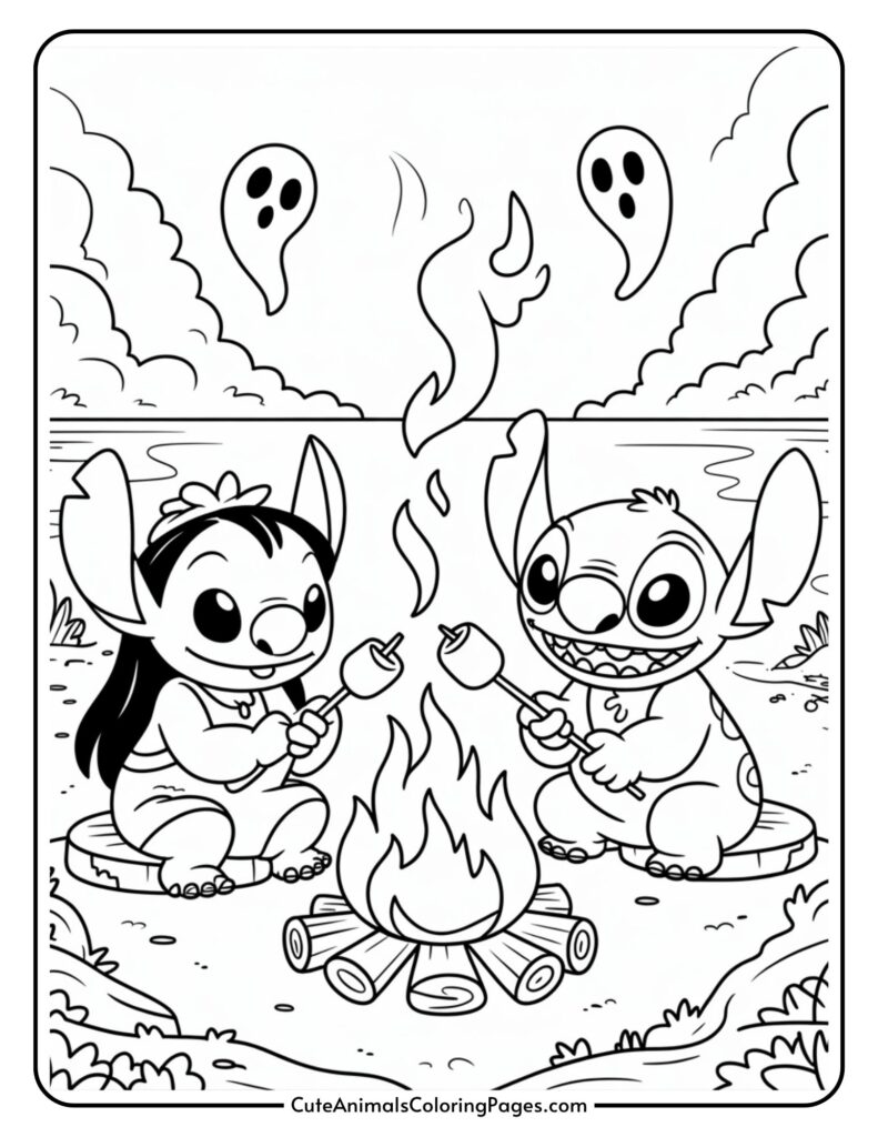 Two cartoon characters sitting around a campfire, roasting marshmallows, with smiling ghost shapes in the sky.