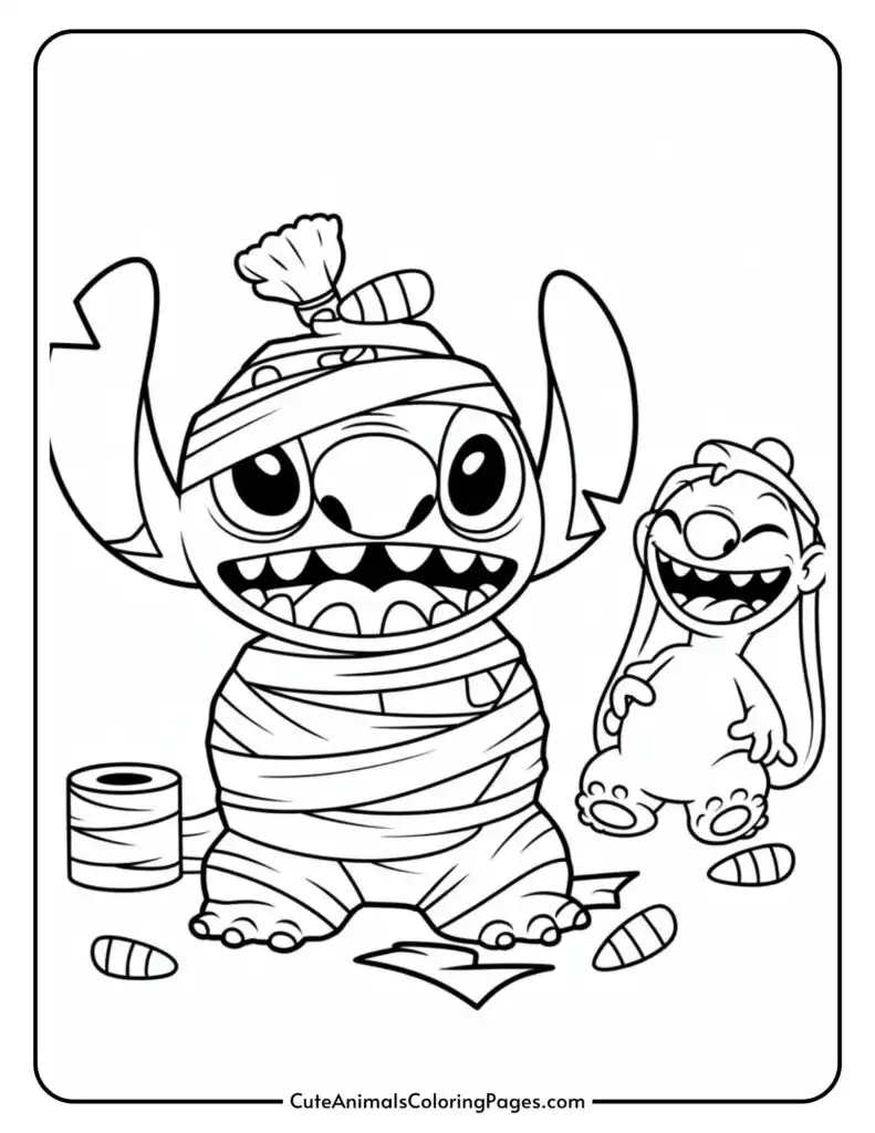 A cartoon character wrapped in bandages like a mummy, standing next to another small character laughing. There are scattered bandage rolls and debris around them.
