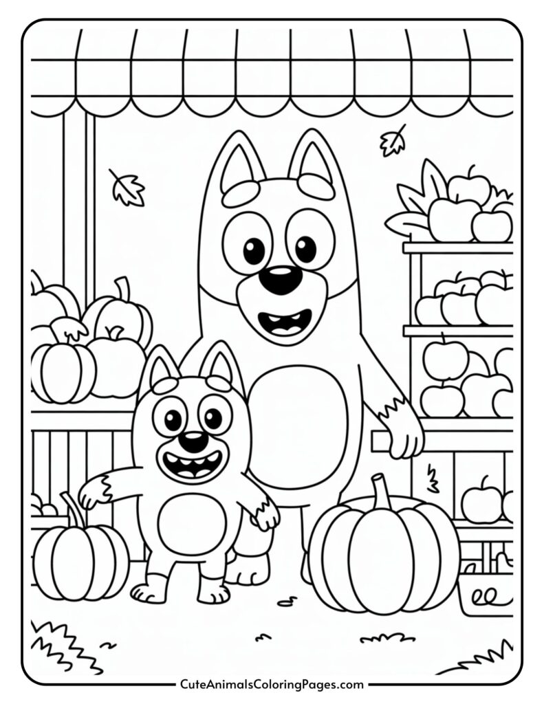 A colorful page that stands two carton dogs surrounded by pumpkins and apple. The big dog stands down the lower back, both of them is diminished under a sharp knife. Falling increases in autumn matter.