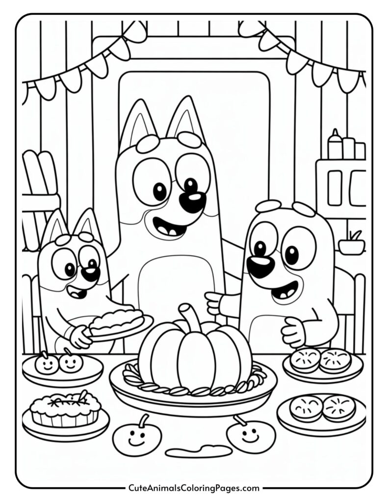 A black and white colored page that gathered three letters of cartons around a table, a large pieces of small piece, small pieces, and heartfelt market. The room is dressed with garland and kitchen clothes appear in the backpack.