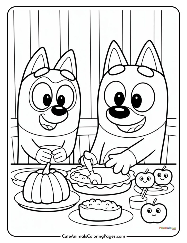 Two cartoon dogs are happily on a table, with a knee and an apple shadow near the cooking.