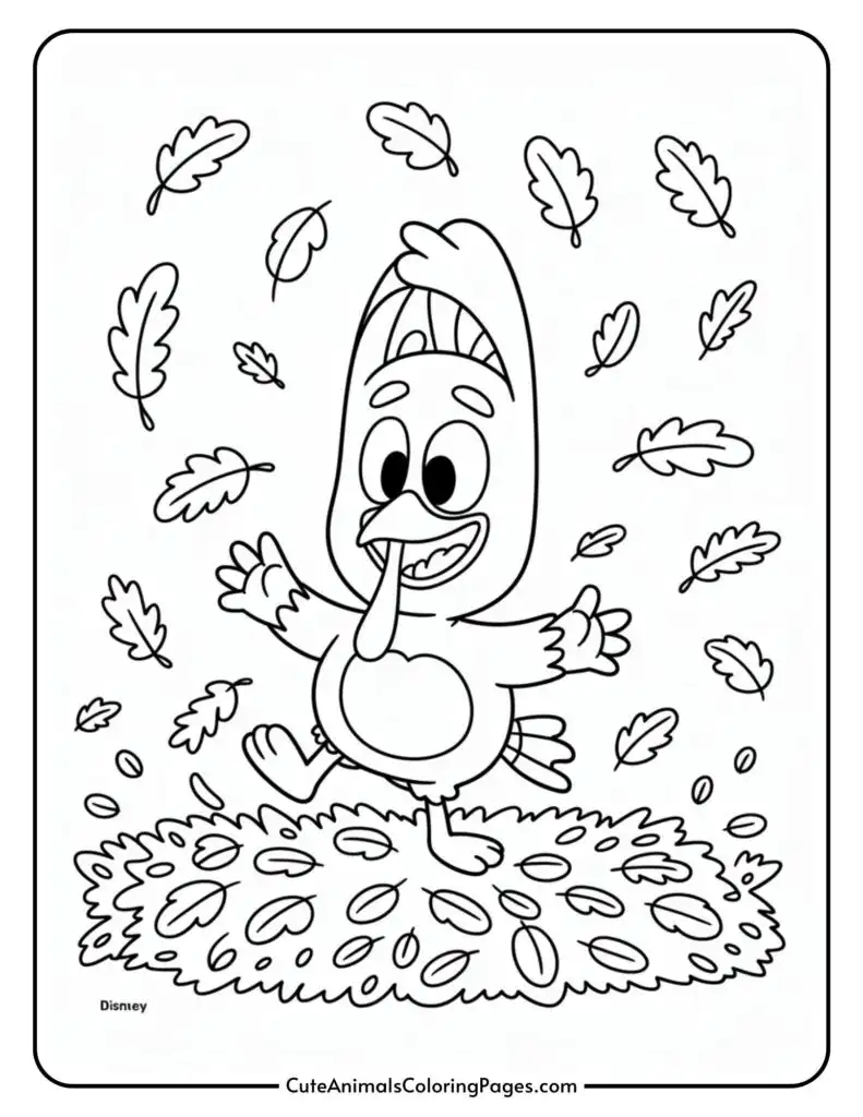 Cartoon coloring page of a cheerful bird character dancing among falling leaves, surrounded by a pile of leaves on the ground.