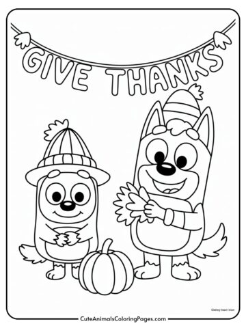 Two cartoon dog characters, wearing winter hats, stand next to a pumpkin under a 