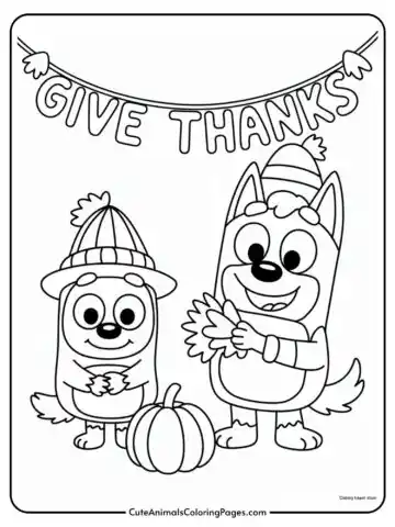 Two cartoon dog characters, wearing winter hats, stand next to a pumpkin under a 