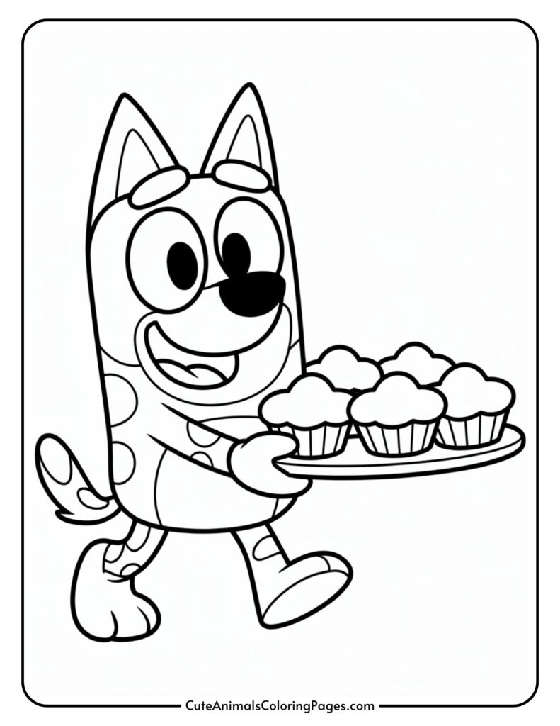 Cartoon dog character that takes a cupcakes tray, as a color pager with simple exits and large eyes.