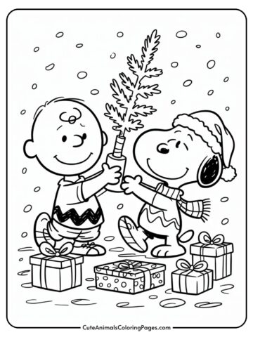 A cartoon boy and a dog cheerfully holding a small Christmas tree together, surrounded by falling snow and several wrapped gifts on the ground.