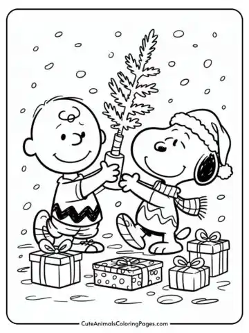 A cartoon boy and a dog cheerfully holding a small Christmas tree together, surrounded by falling snow and several wrapped gifts on the ground.