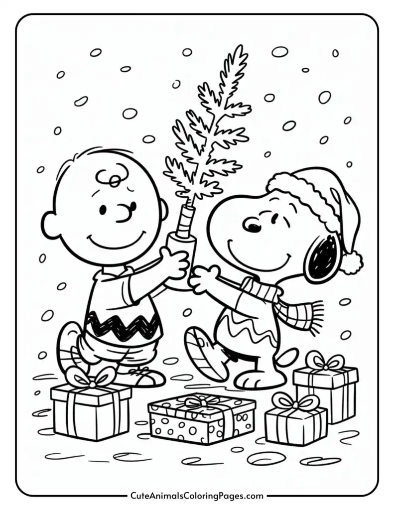 A cartoon boy and a dog cheerfully holding a small Christmas tree together, surrounded by falling snow and several wrapped gifts on the ground.