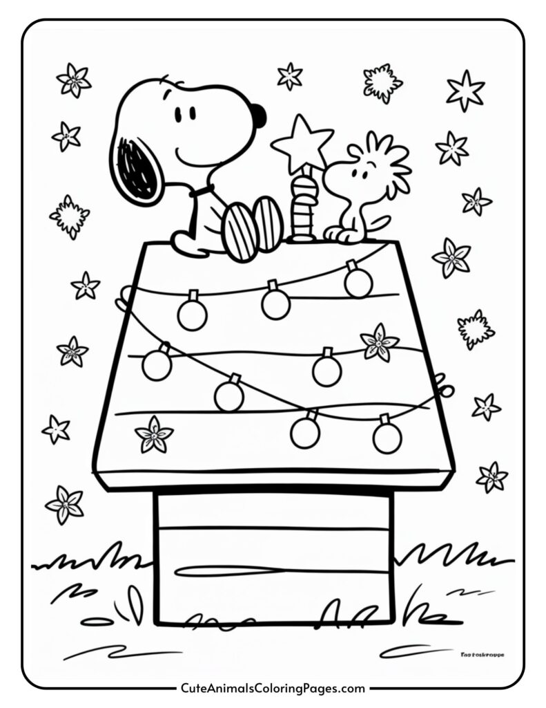 A black and white coloring page featuring a beggle and a small bird sitting on a dog house decorated with a light beam. The background features scattered star and flower designs.